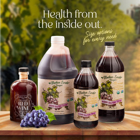 Mother Earth Red Wine Vinegar bottle pouring over greens for vibrant dressings.