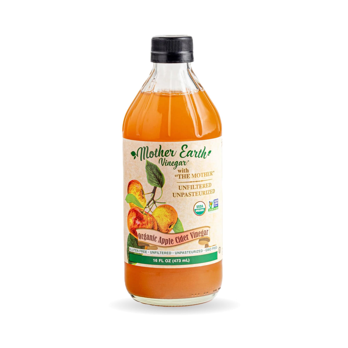 Mother Earth Vinegar bottle front view demonstrates raw organic ACV ideal for dressings and sipping.