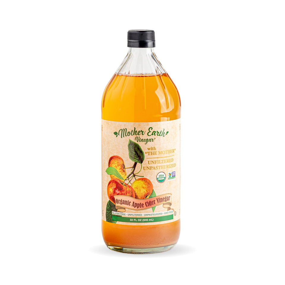 Mother Earth Vinegar bottle front with The Mother, ideal for flavorful dressings