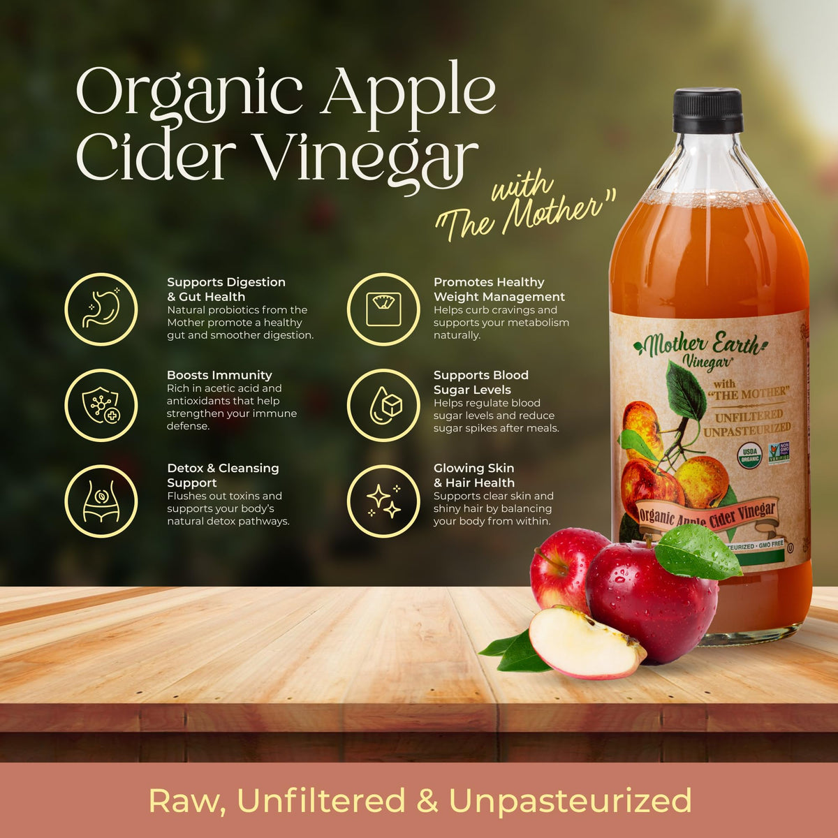 Mother Earth Vinegar being poured, raw unfiltered ACV for vibrant marinades