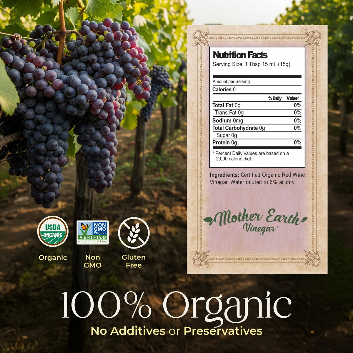 Organic certification label on the Mother Earth Vinegar bottle.