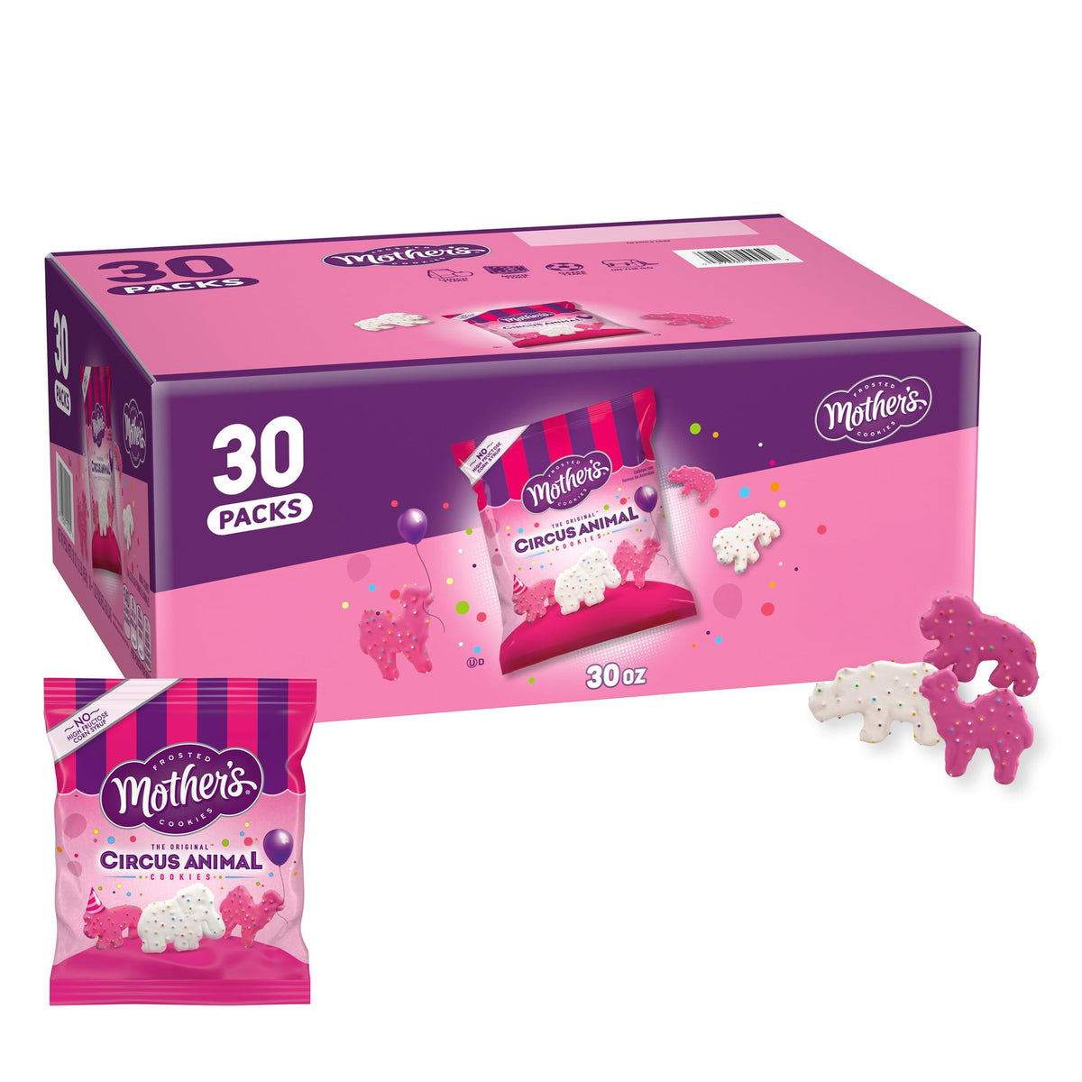 Mother's Circus Animal Cookies with pink frosting and rainbow sprinkles, a colorful kid-friendly snack.