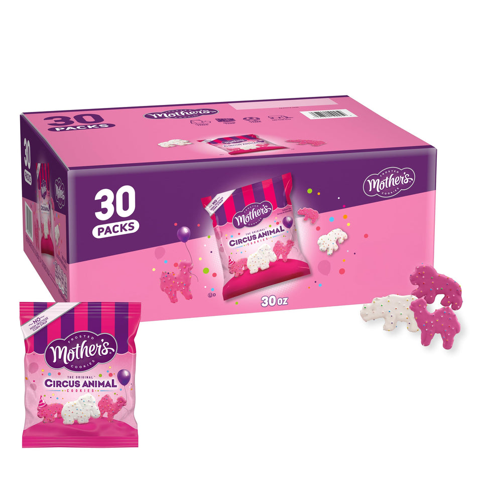 Mother's Circus Animal Cookies with pink frosting and rainbow sprinkles, a colorful kid-friendly snack.