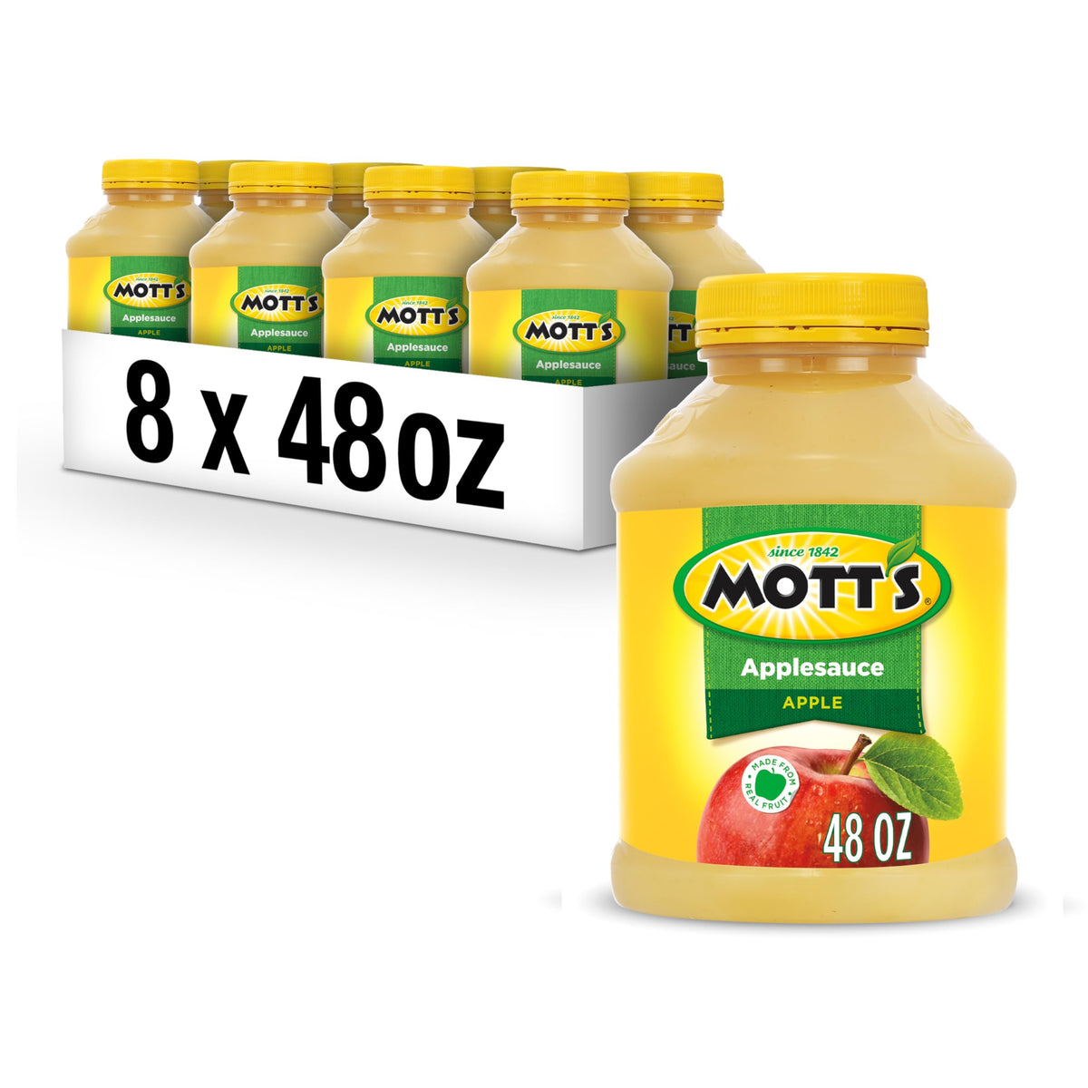 Mott's Applesauce 48 oz jar front view, family-friendly size for quick snacks.