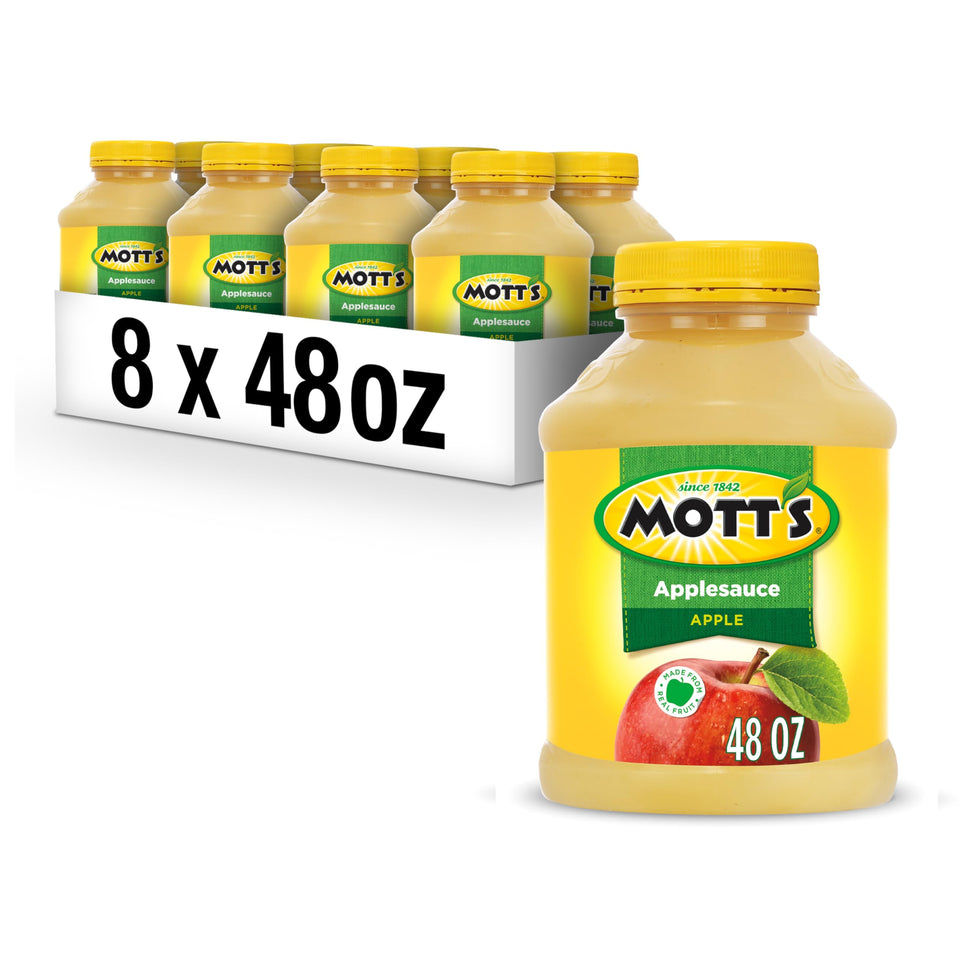 Mott's Applesauce 48 oz jar front view, family-friendly size for quick snacks.