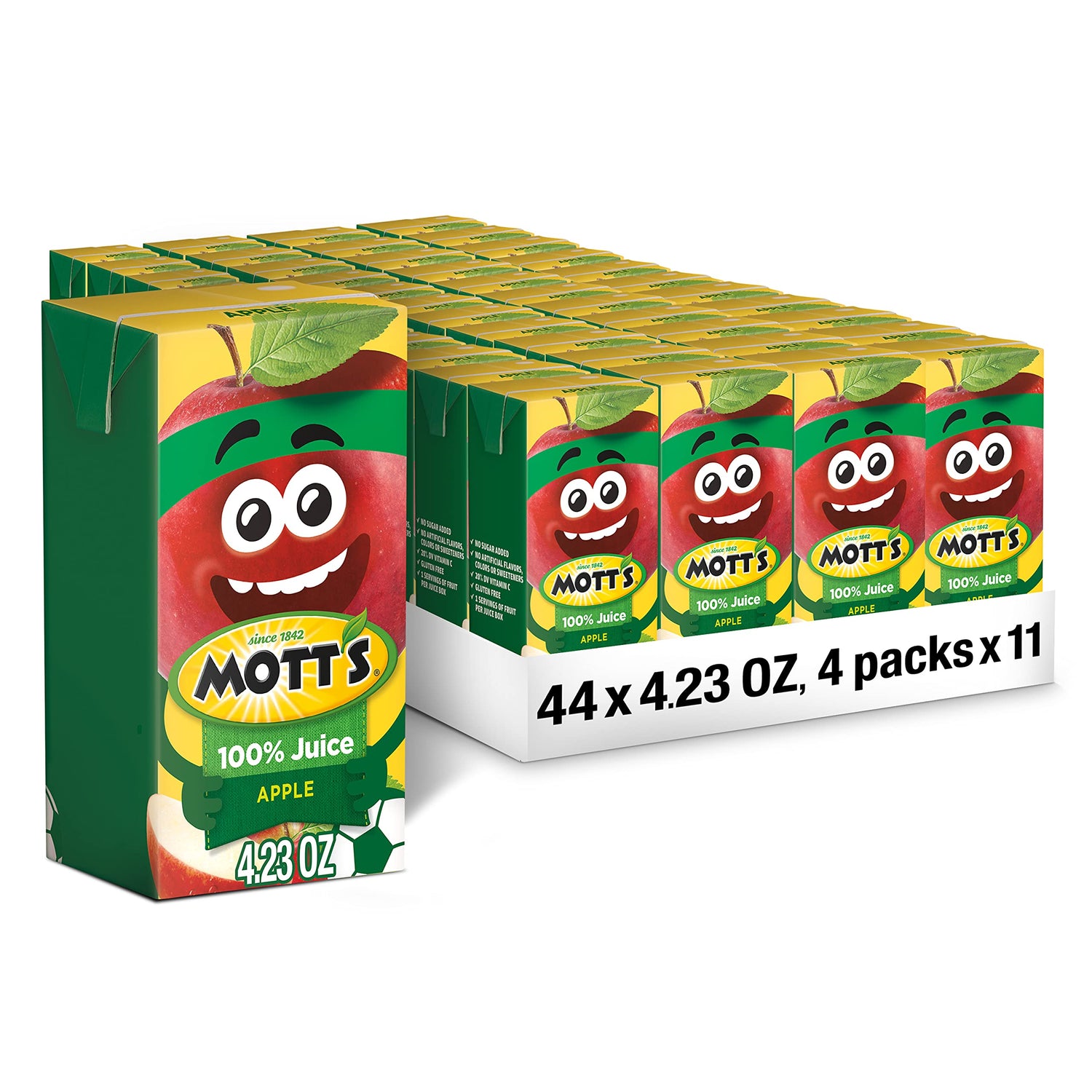 Mott's 100% Apple Juice box front highlighting authentic fruit juice.
