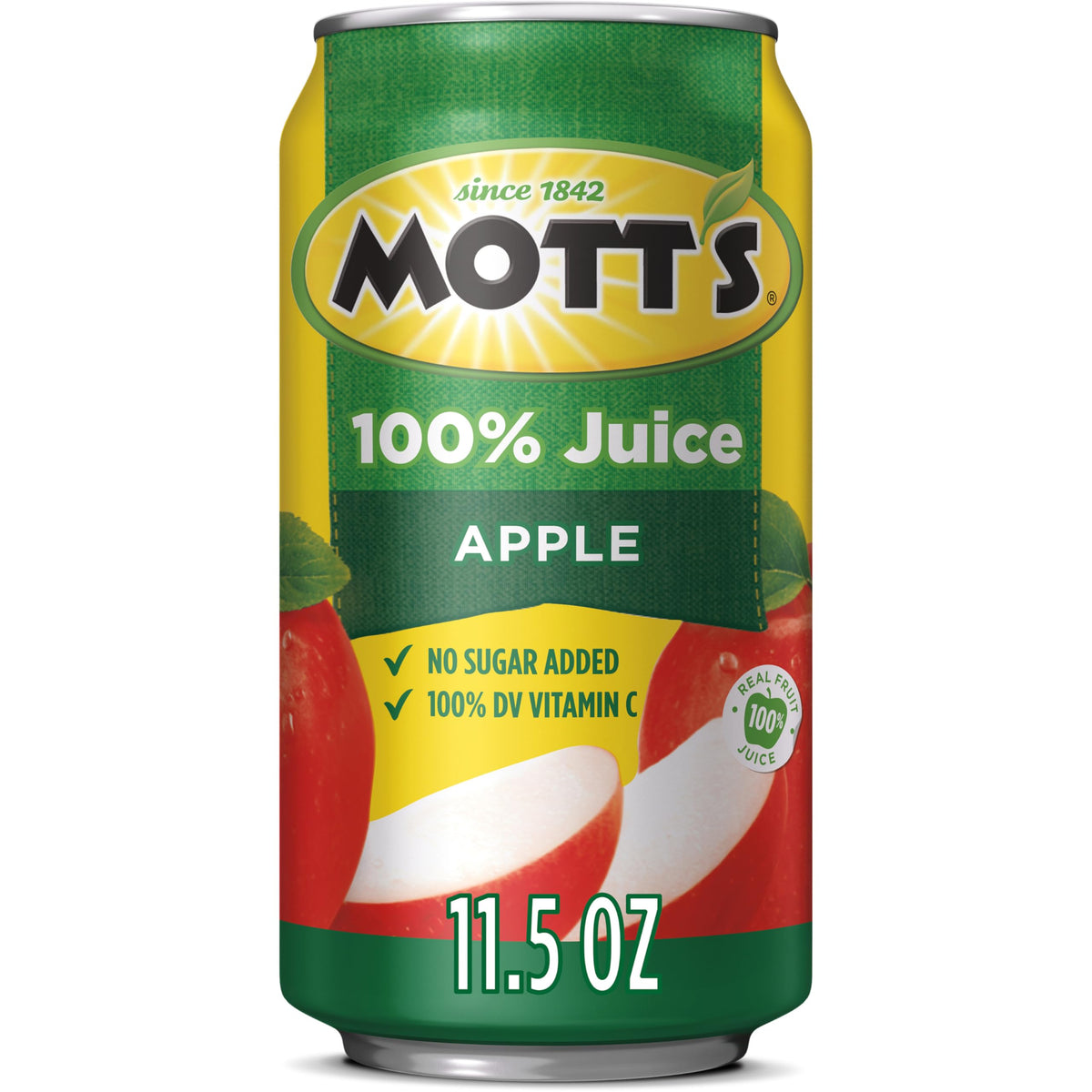 Mott's 100% Original Apple Juice can label highlights 100% juice for a pure refreshment.