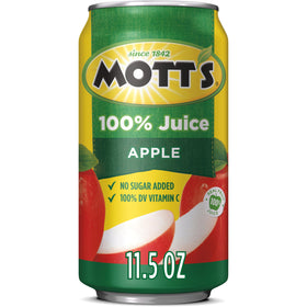 Mott's 100% Original Apple Juice can label highlights 100% juice for a pure refreshment.