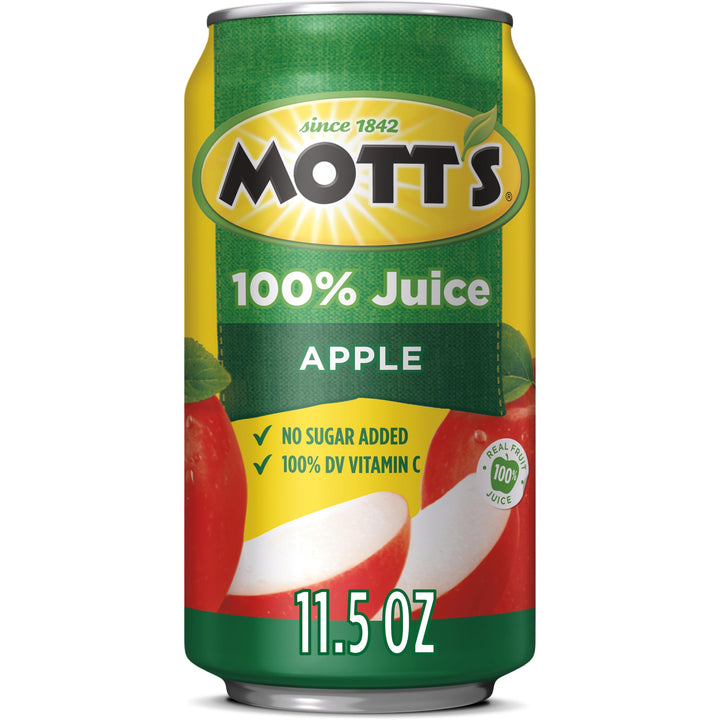 Mott's 100% Original Apple Juice can label highlights 100% juice for a pure refreshment.