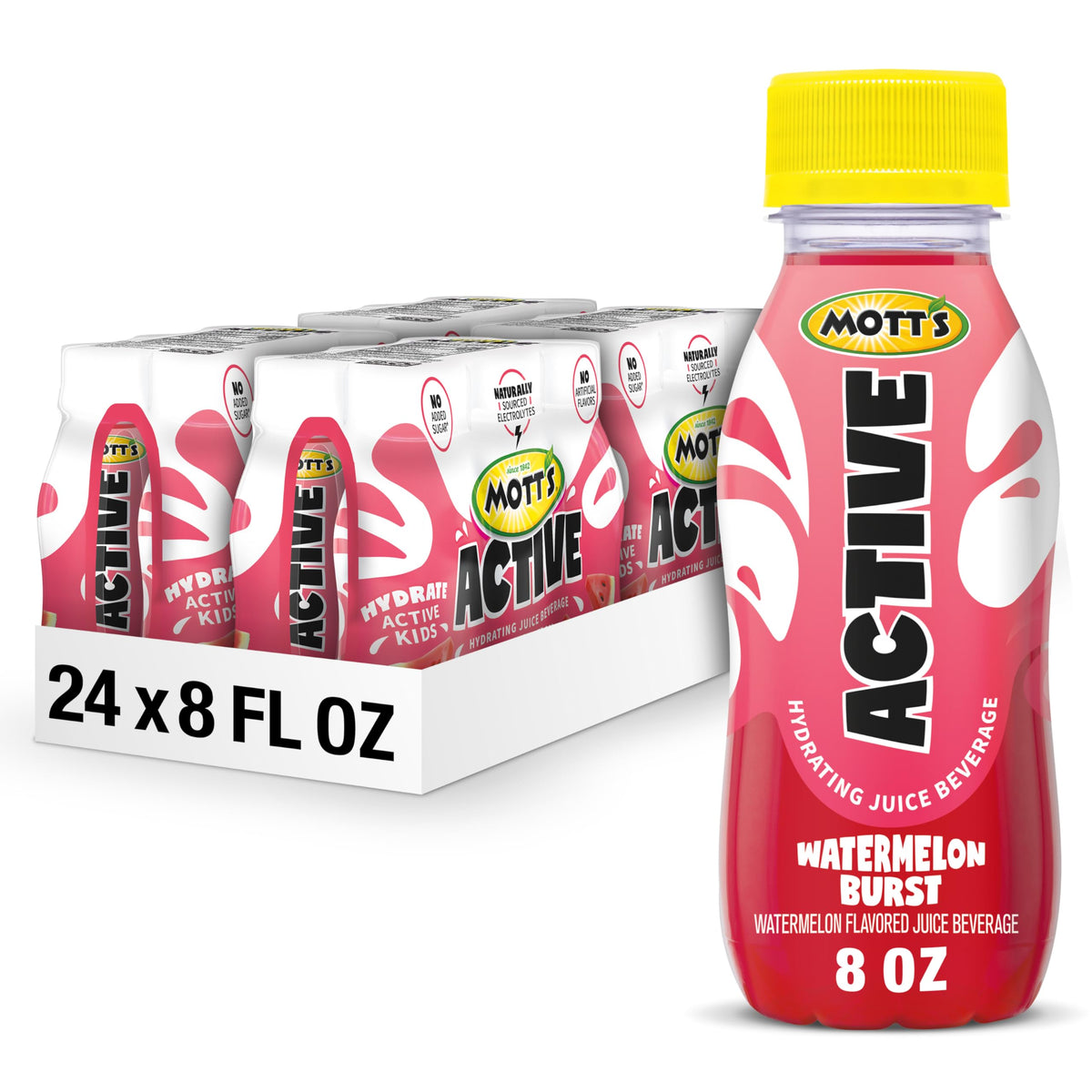 Mott's Active Watermelon Burst bottle front showing refreshing hydration on the go.