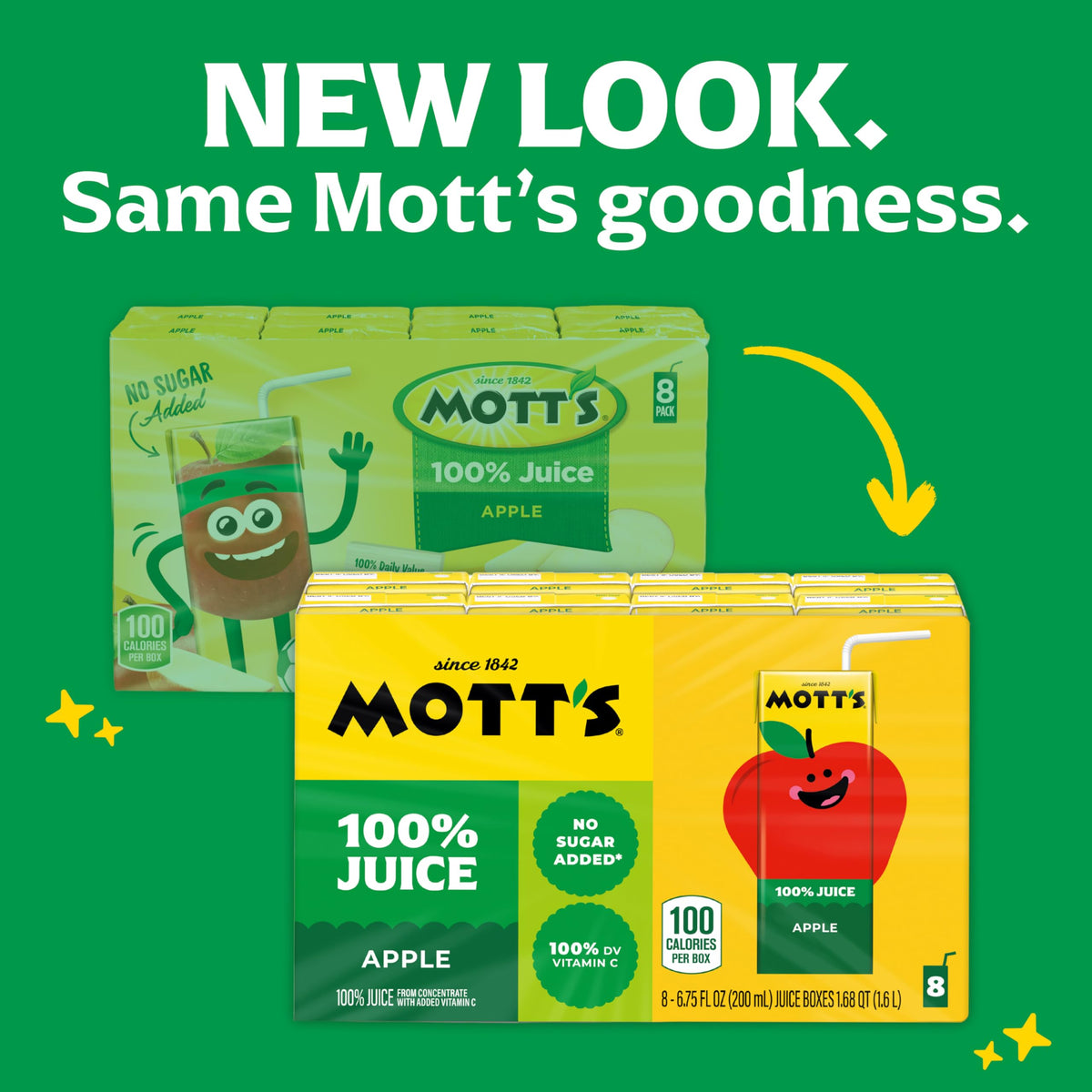 Mott’s apple juice being poured from a bottle for quick servings.