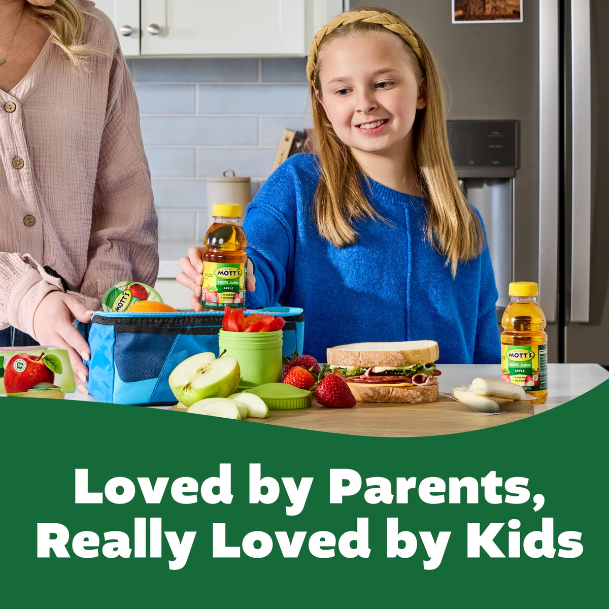 Mott's apple juice packaging highlights vitamin C as a notable nutrient.