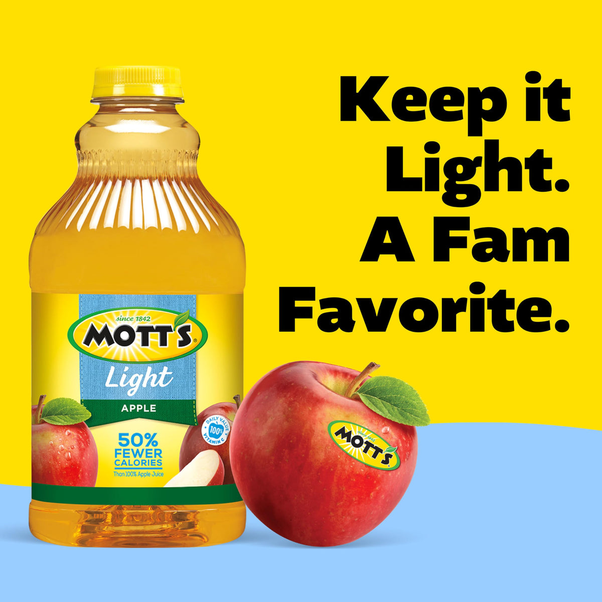 Mott's Apple Light Juice Drink glass pour showing refreshing, orchard-fresh apple flavor