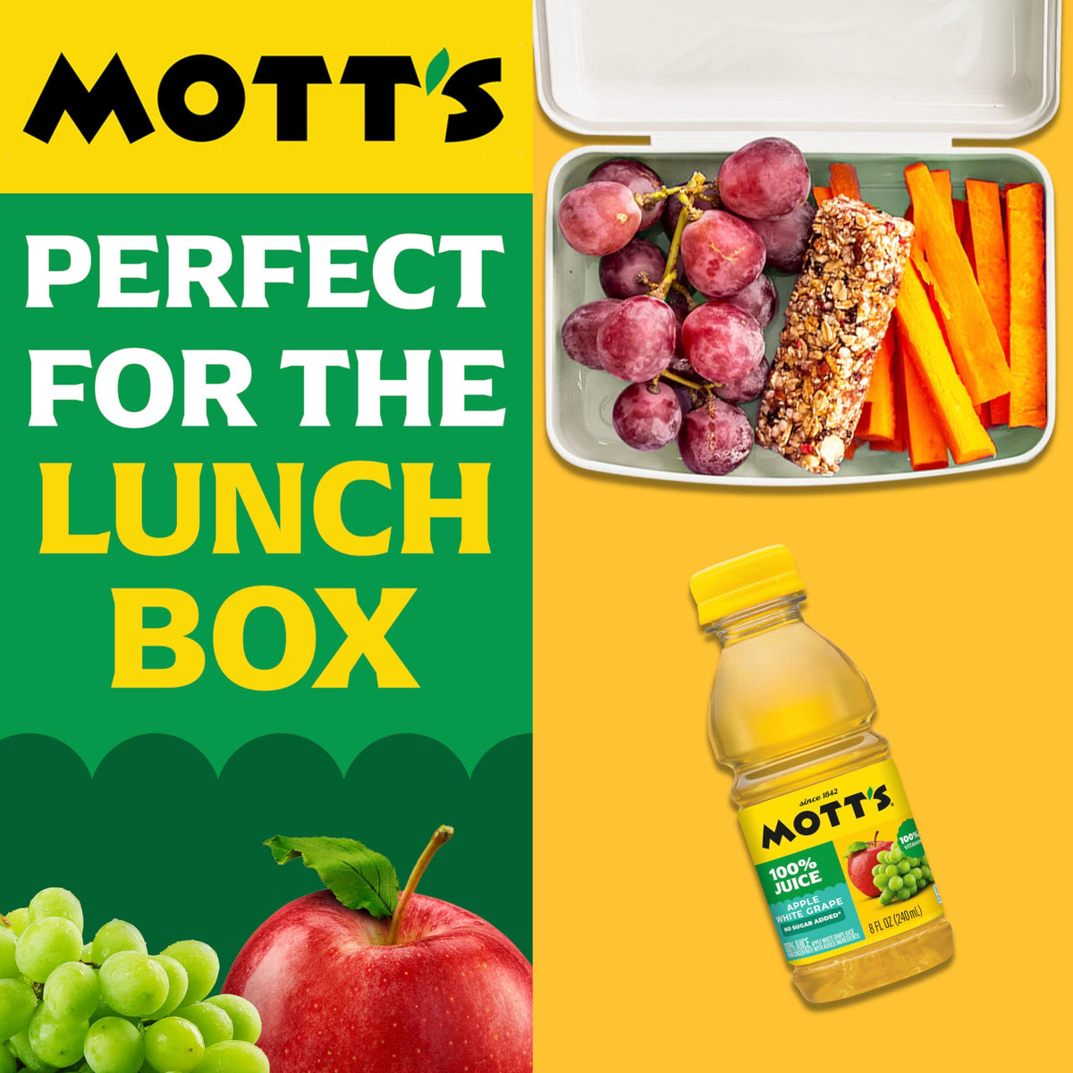 Mott's Apple White Grape Juice in a lunchbox, portable fruit refreshment