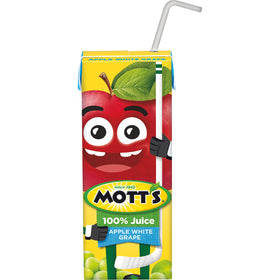 32-box pack of Mott's Apple White Grape Juice on a shelf.