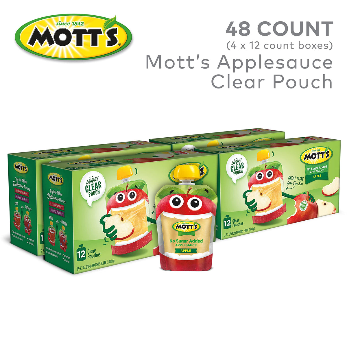 Mott's applesauce on-the-go pouch highlights no artificial flavors for a clean snack.