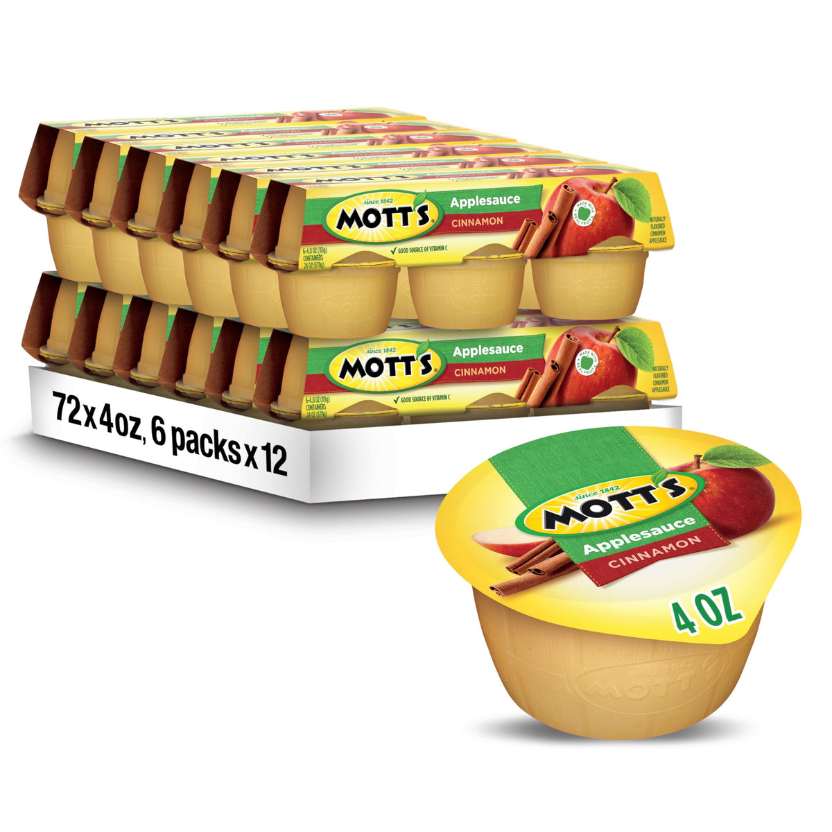 Mott's Cinnamon Applesauce 4oz cups packaging for pantry display and bulk storage.