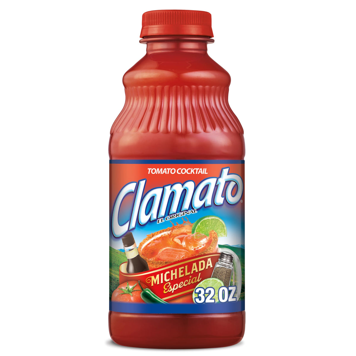 Mott's Clamato Preparado bottle close-up pour highlights bold tomato blend for cocktails.