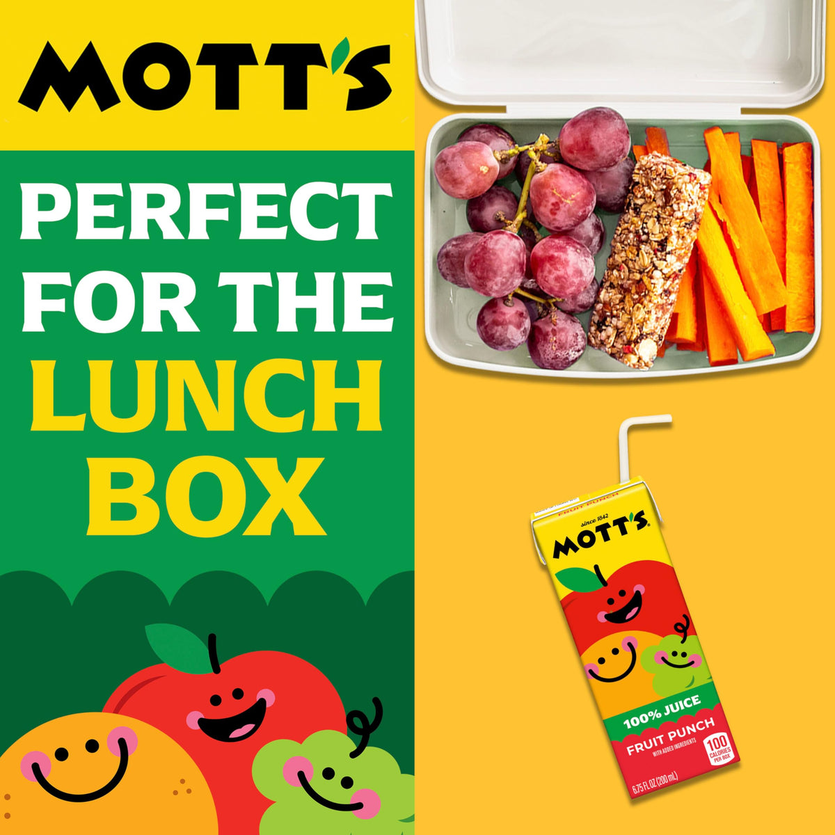 Mott's fruit punch ingredients panel communicates gluten-free and no artificial colors.