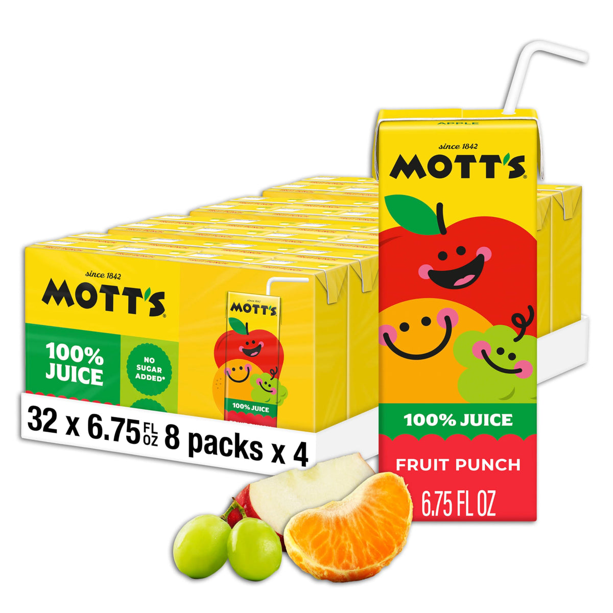 Mott's fruit punch juice box 6.75 oz showcases convenient, portable lunchbox hydration.