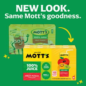 Mott's fruit punch label art highlights natural ingredients and 100% juice promise.