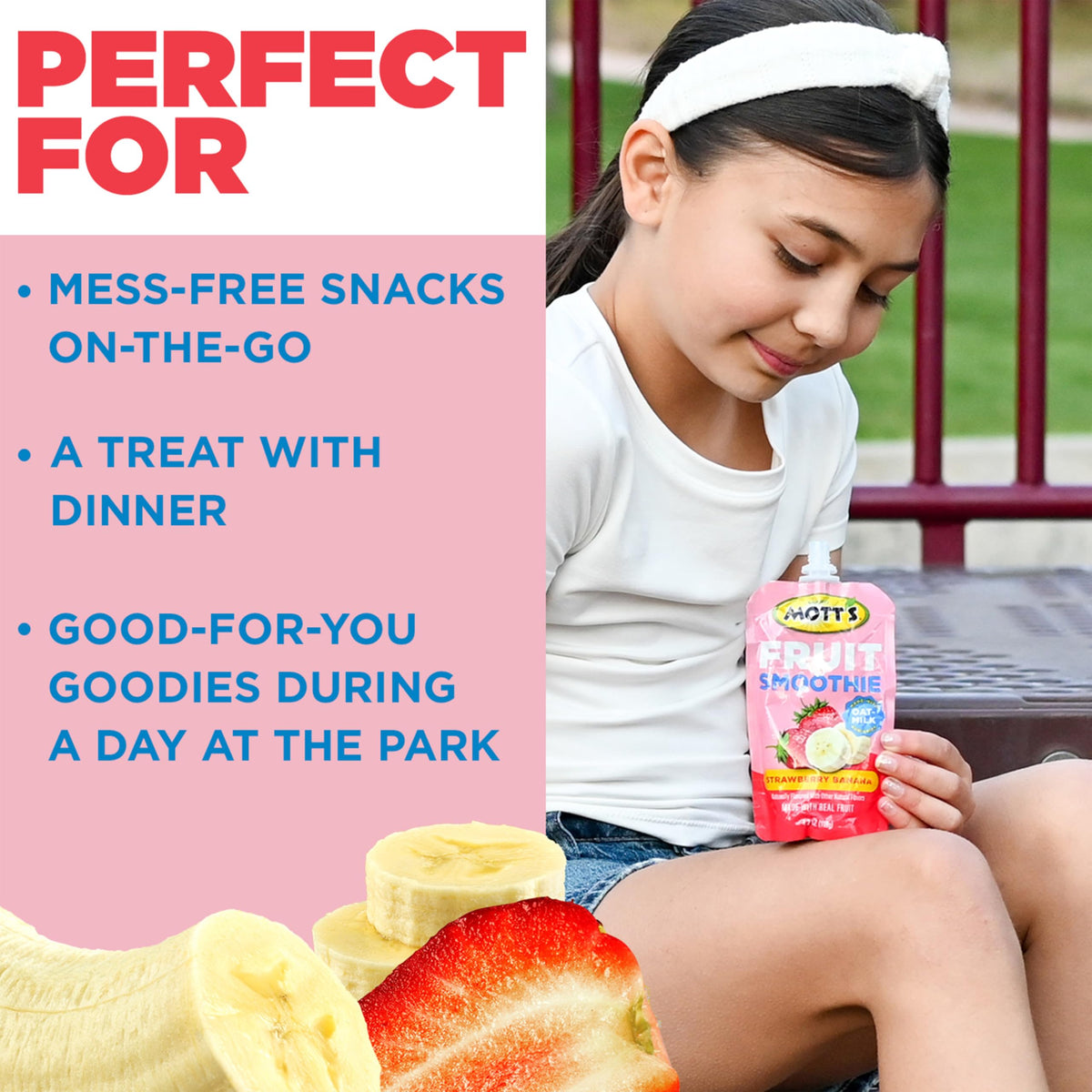 Mott’s clear pouch showcases strawberry banana blend for fresh fruit flavor.
