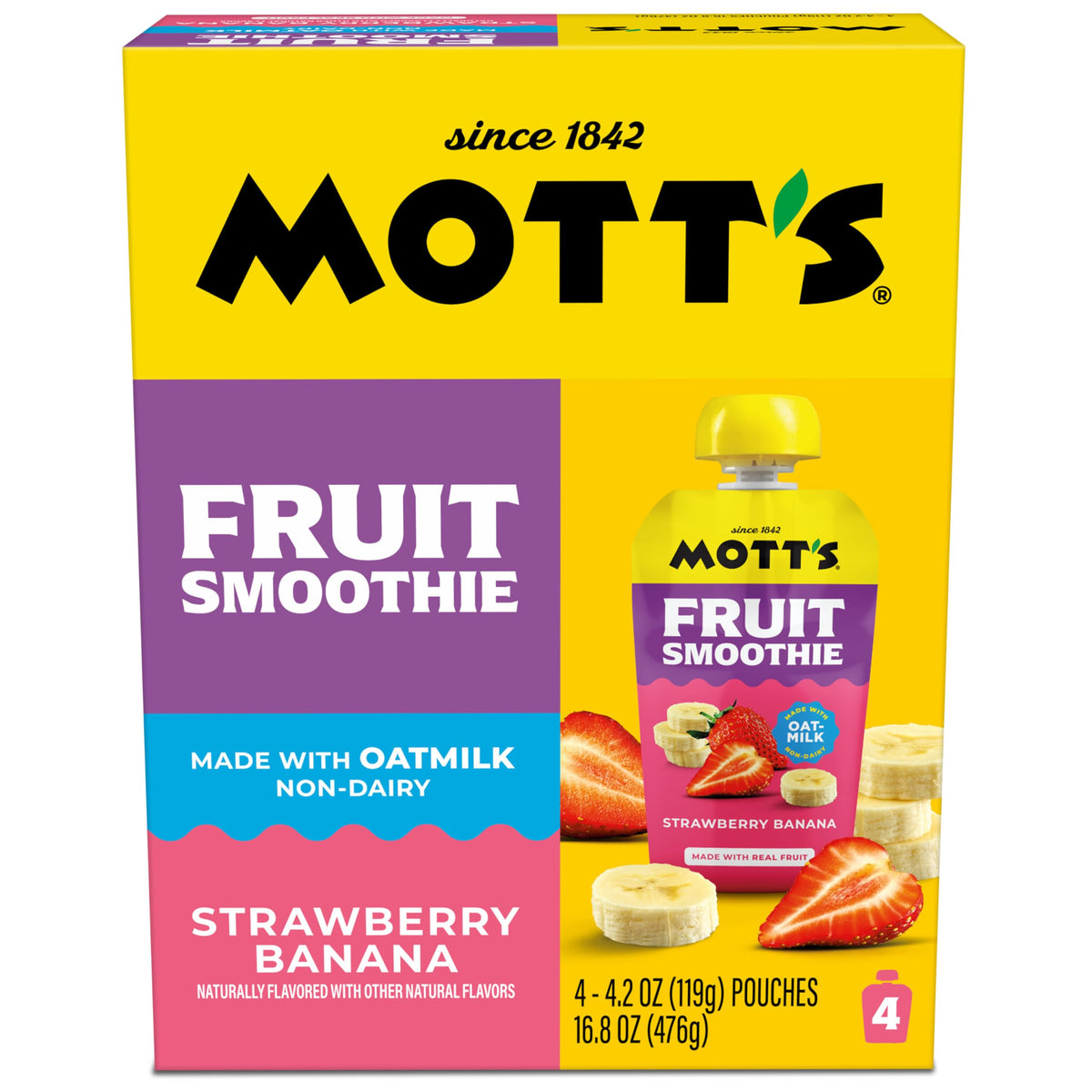 Mott’s Fruit Smoothies on shelf highlights convenient 4.2 oz size for busy days.