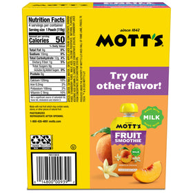Mott’s Fruit Smoothies nutrition panel highlights calcium and non-dairy ingredients.