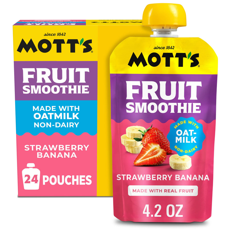 Mott’s Fruit Smoothies Strawberry Banana pouch close-up shows real fruit and calcium richness.