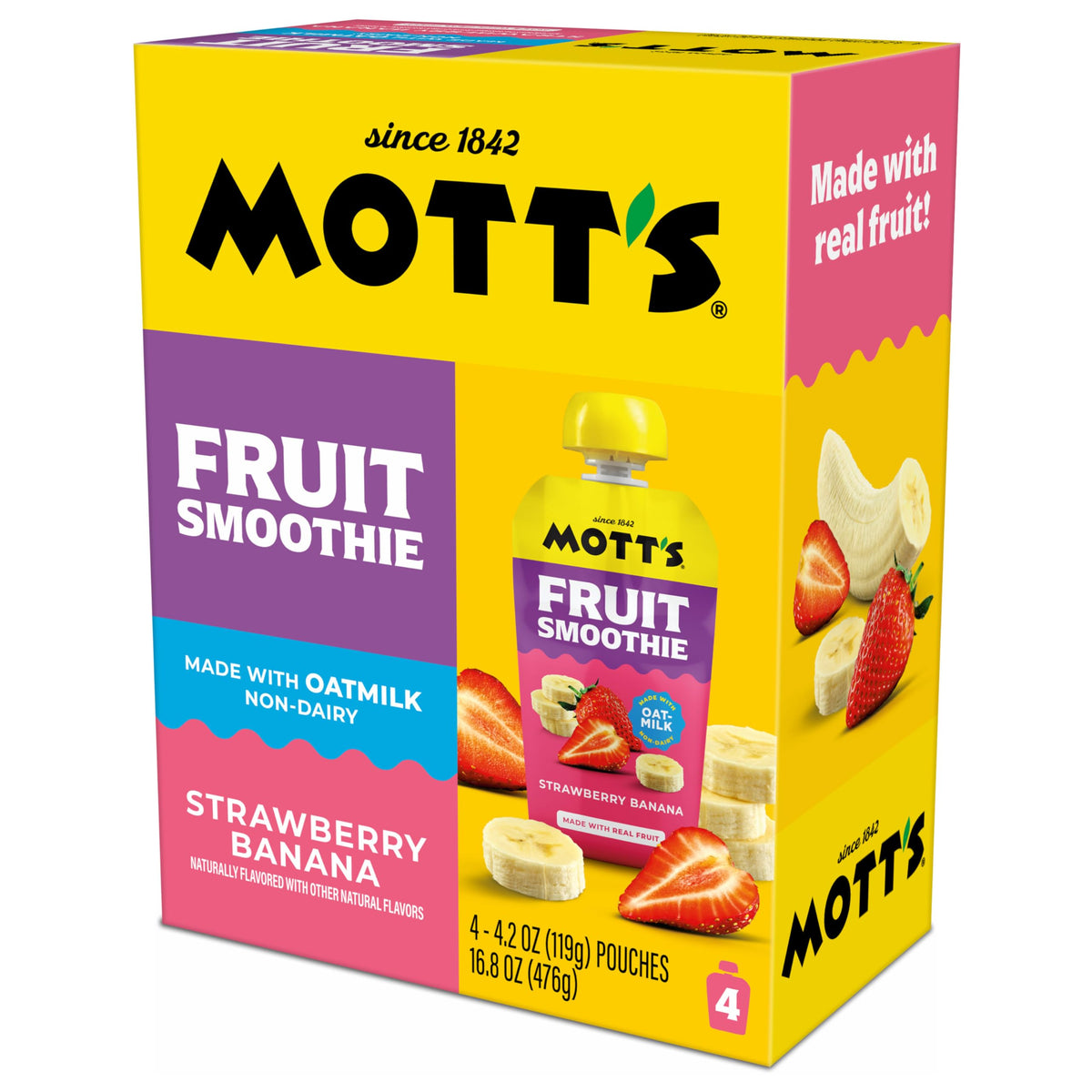 Mott’s pouch being opened reveals creamy oatmilk texture ideal for kids.