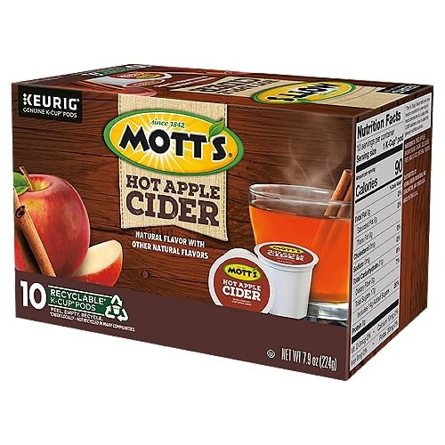 Motts hot apple cider K-Cup packaging shows the convenient pod format.