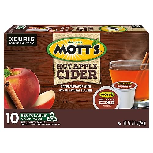 Motts hot apple cider K-Cup pods ready for quick, single-serve brewing.