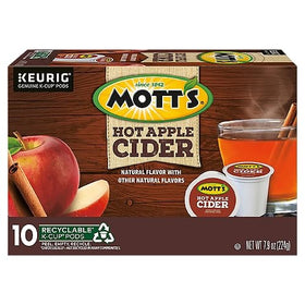 Motts hot apple cider K-Cup pods ready for quick, single-serve brewing.