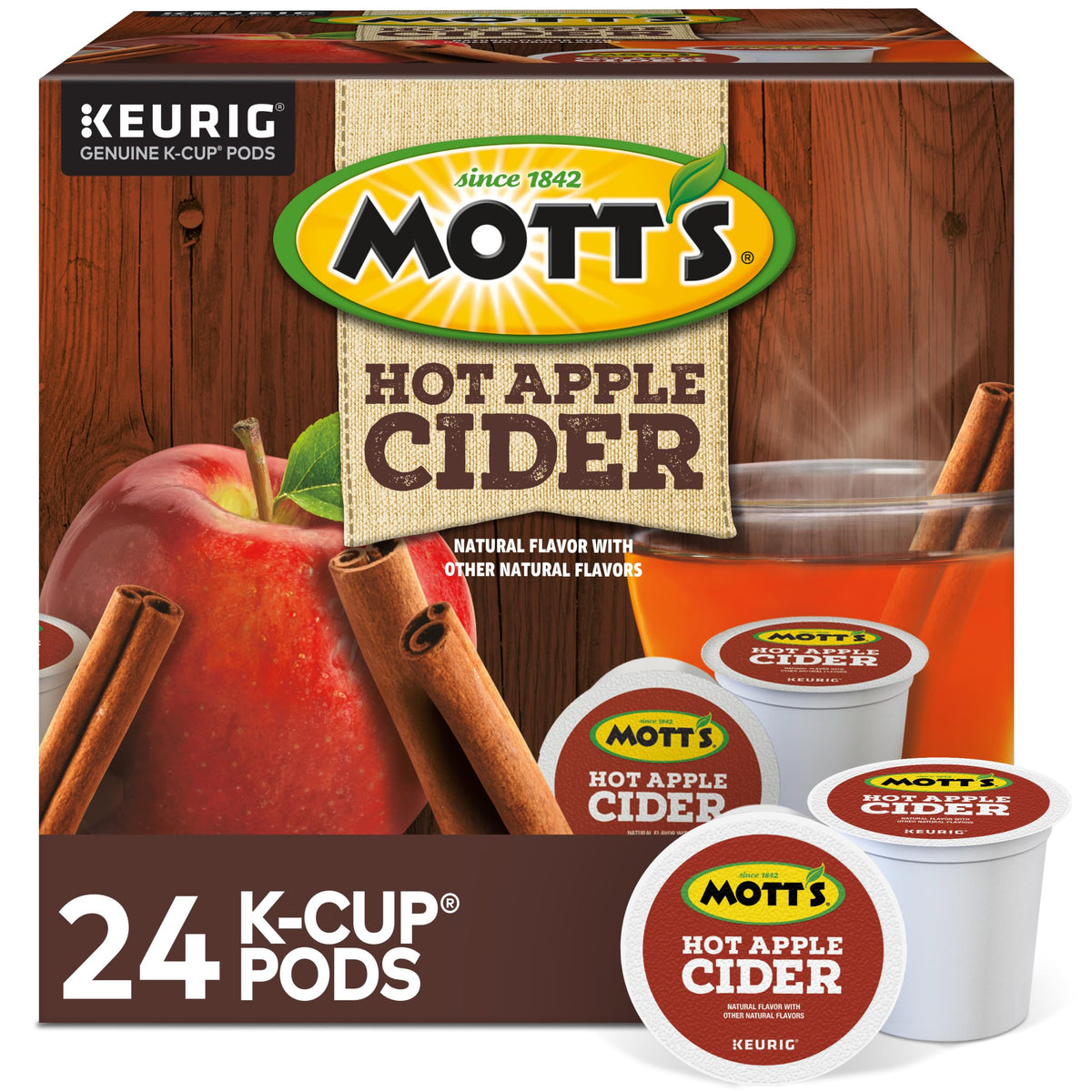 Mott's Keurig hot apple cider pods on a counter, ready for a quick cozy morning.