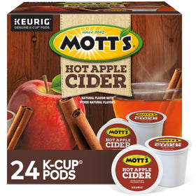 Mott's Keurig hot apple cider pods on a counter, ready for a quick cozy morning.