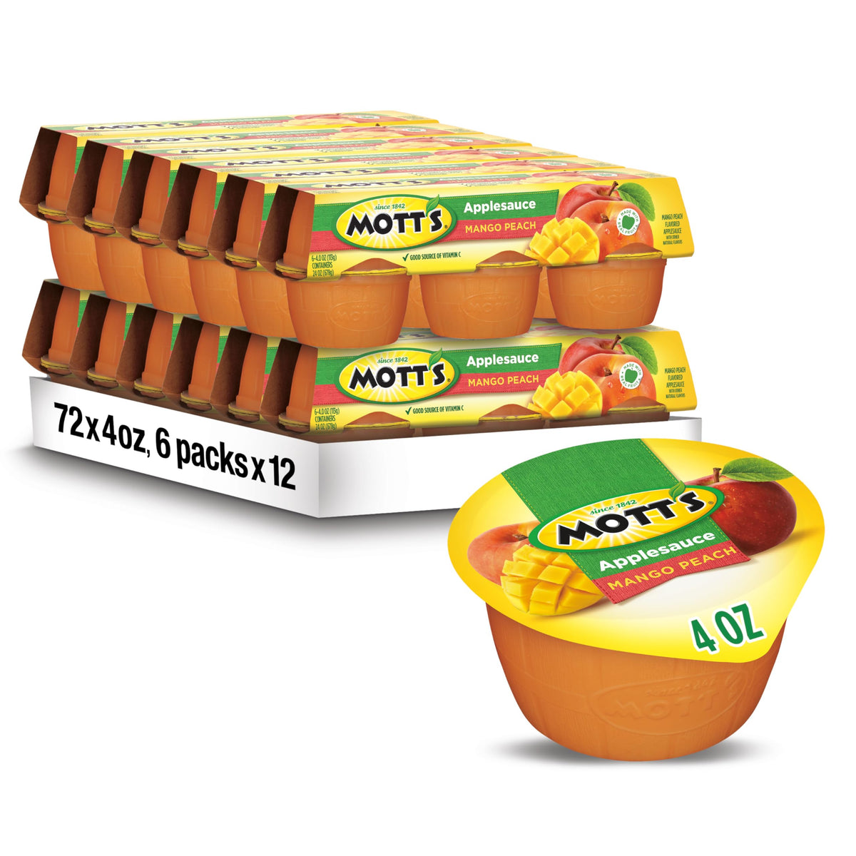 Mott's Mango Peach Applesauce 4 oz cup in lunchbox, convenient on-the-go snack