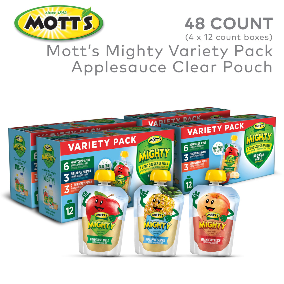 Mott's Mighty Applesauce Honeycrisp flavor pouch with real fruit for kid-friendly snack