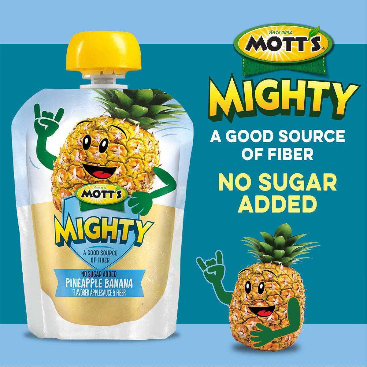 Mott's Mighty Applesauce no sugar added badge highlighting fiber benefit
