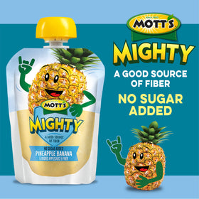 Mott's Mighty Applesauce no sugar added badge highlighting fiber benefit