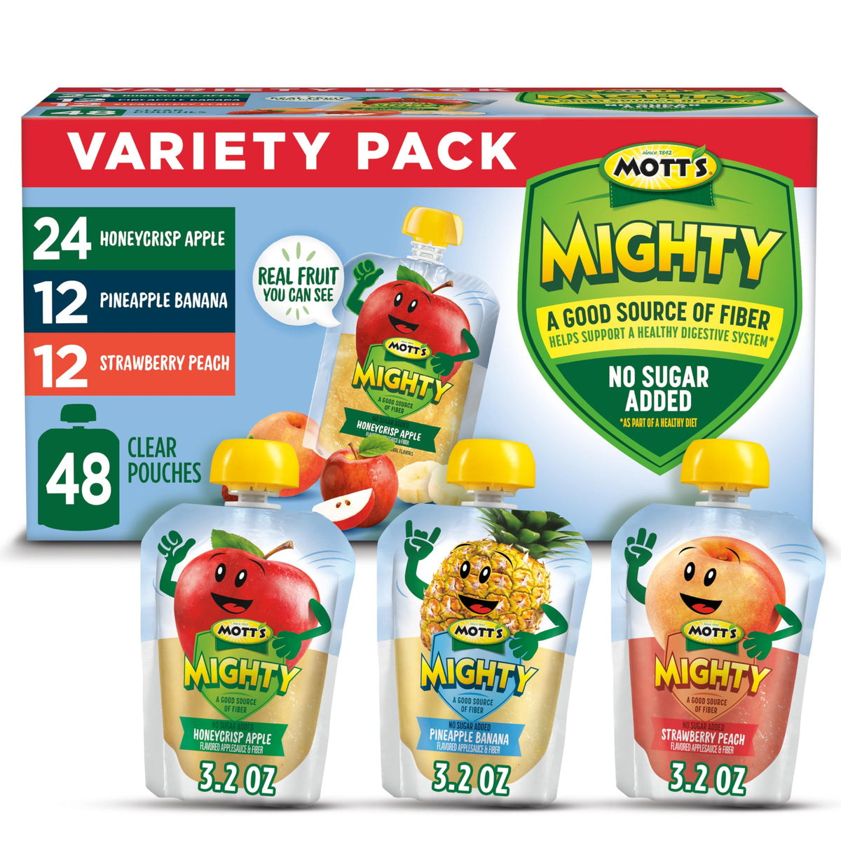 Mott's Mighty Applesauce Variety Pack front view, on-the-go snack ready for kids