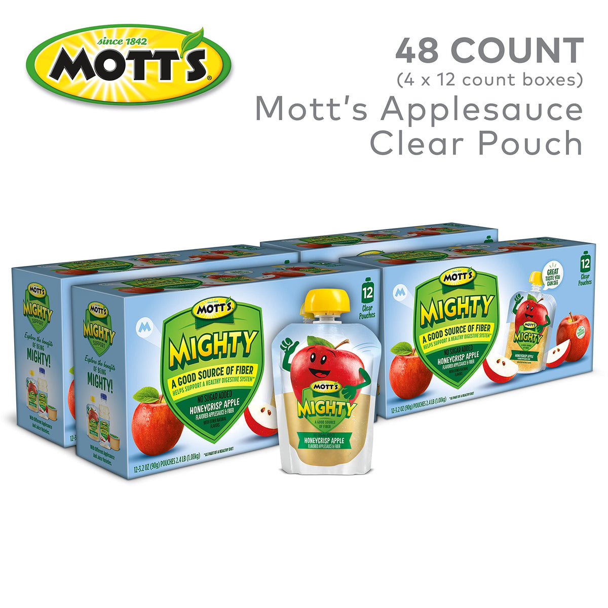 Mott's Mighty Honeycrisp Applesauce 48-count packaging provides a convenient family snack