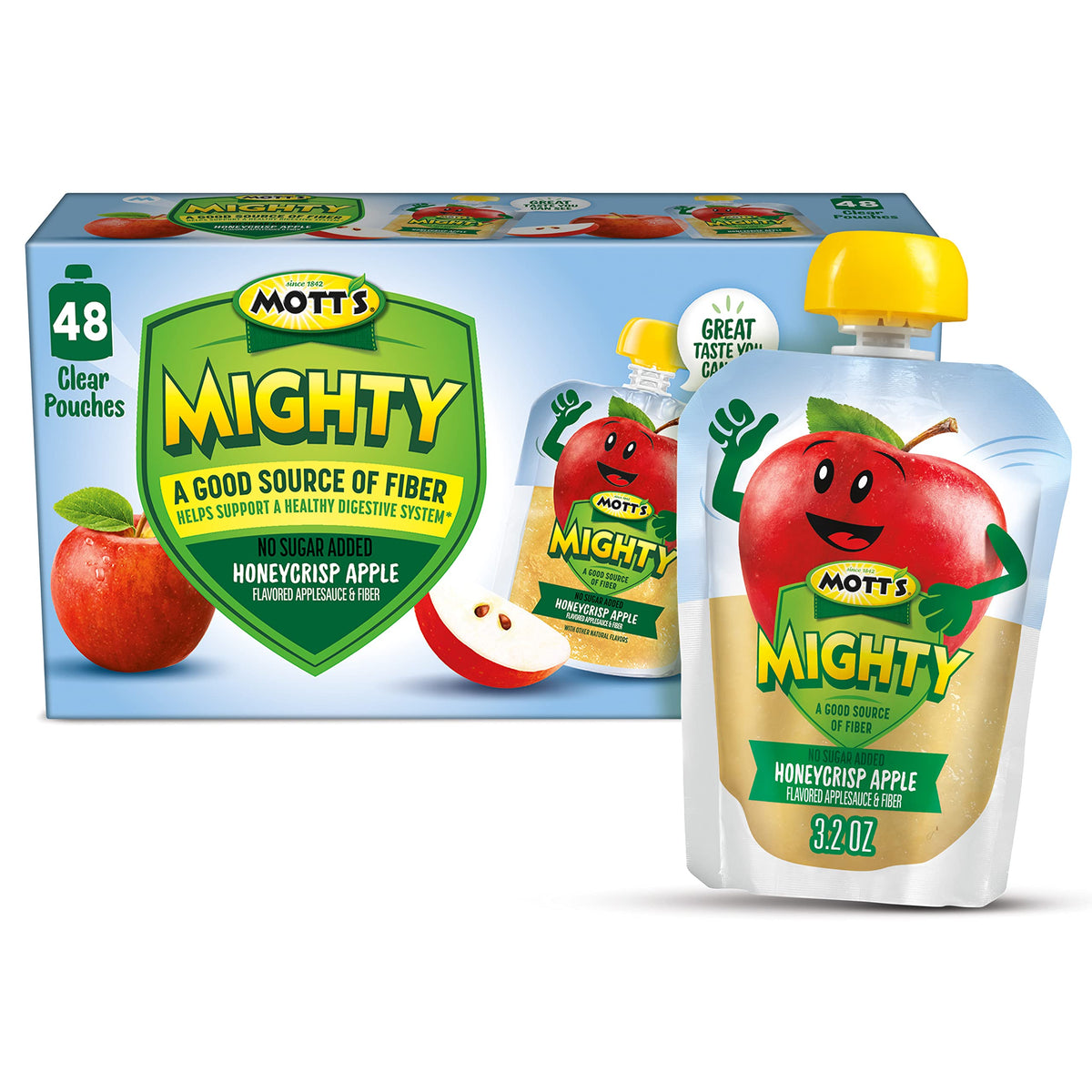 Mott's Mighty Honeycrisp Applesauce clear pouches show real fruit for on-the-go snacking