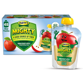 Mott's Mighty Honeycrisp Applesauce clear pouches show real fruit for on-the-go snacking