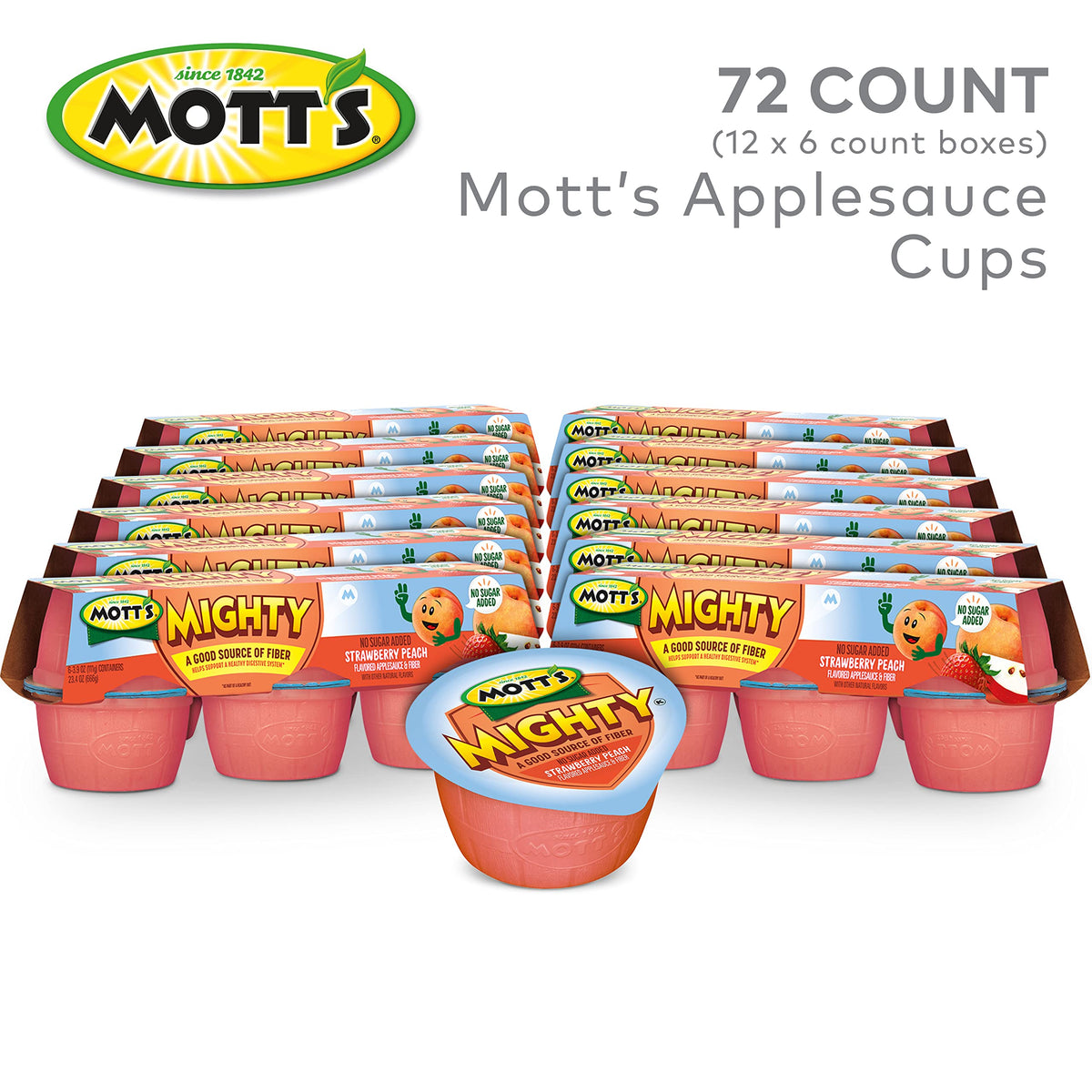 Mott's Mighty no sugar added applesauce cup, fiber-rich snack.