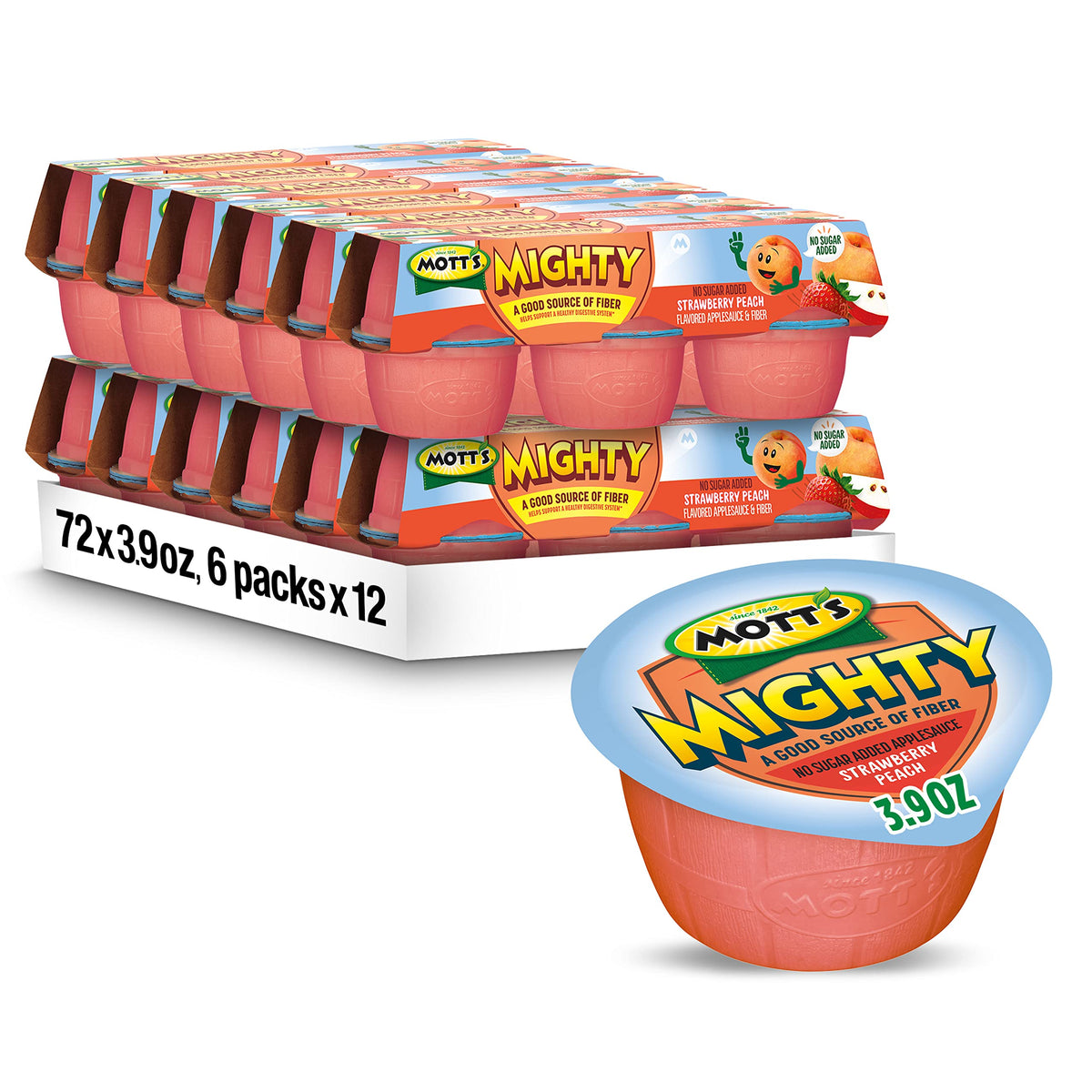 Mott's Mighty Strawberry Peach applesauce cup with real fruit flavor, ideal for on-the-go.