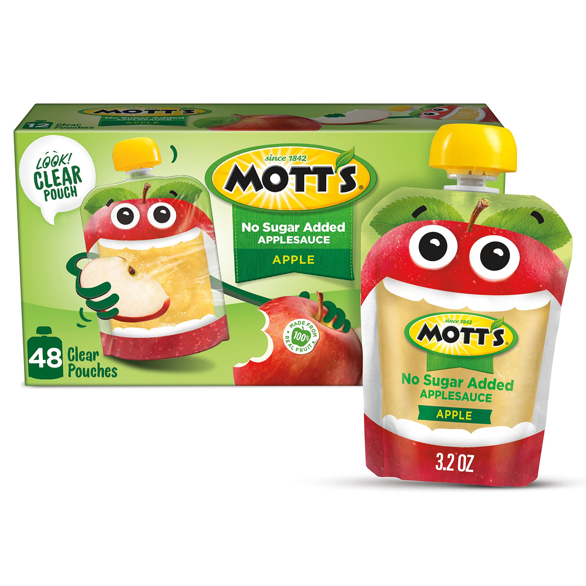 Mott's No Sugar Added applesauce 3.2 oz clear pouch for easy grab-and-go snacking.