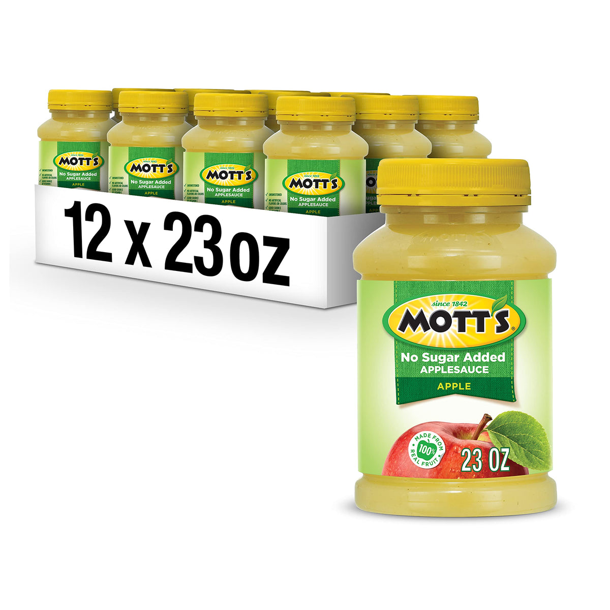 Mott's No Sugar Added applesauce jar front view, kid-friendly snack option.