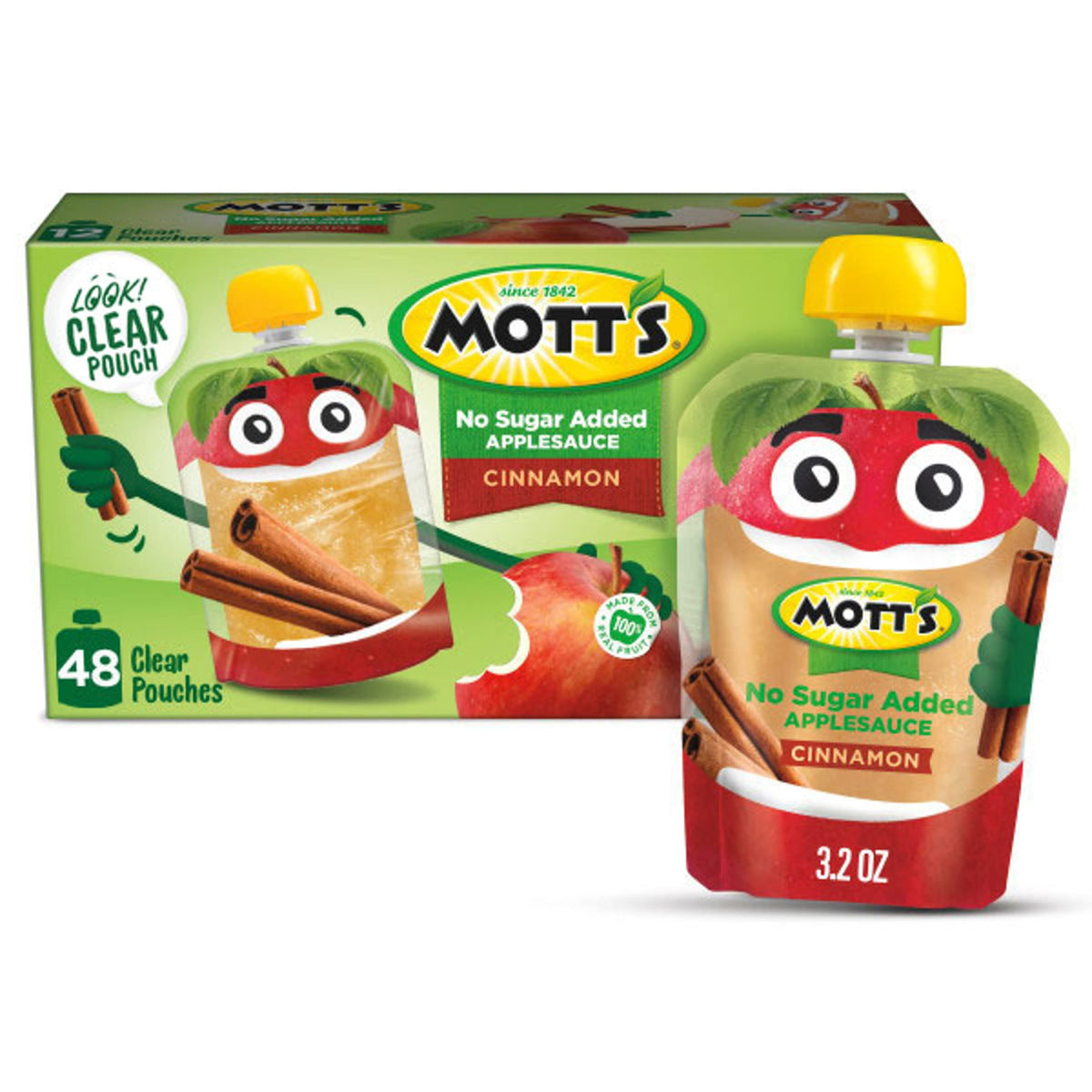 Mott's No Sugar Added Cinnamon Applesauce clear pouch for on-the-go snacking.