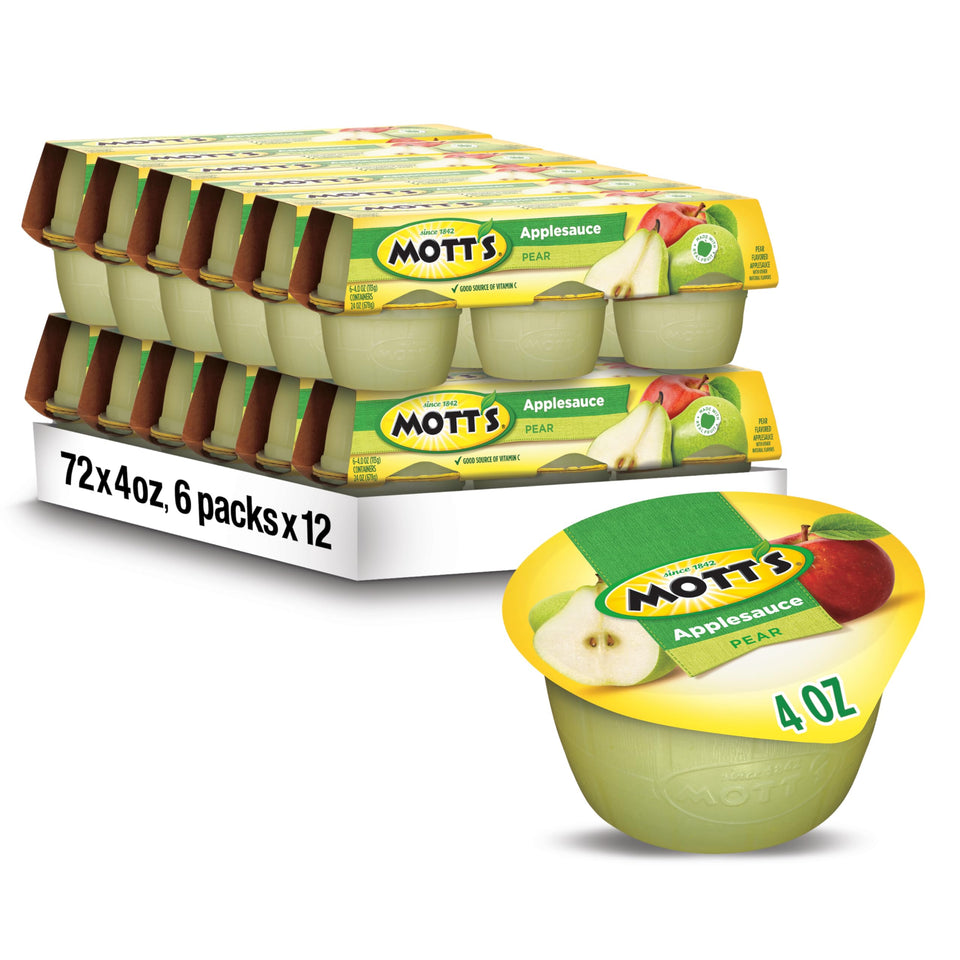 Mott's Pear Applesauce 4oz clear cups for on-the-go snacking.