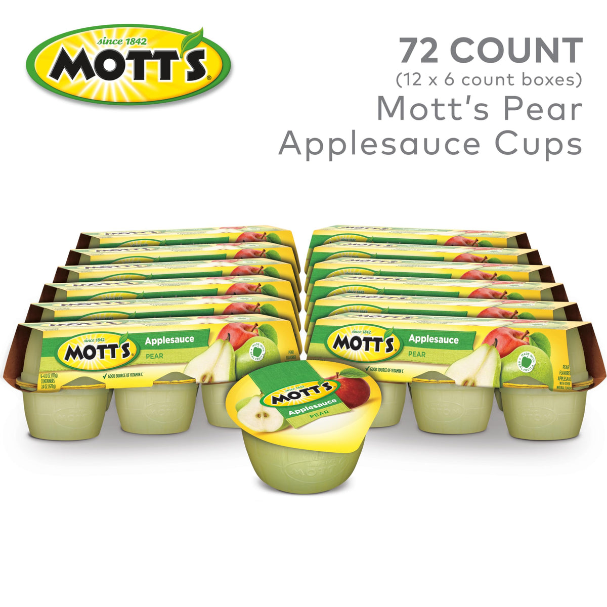 Mott's Pear Applesauce with no artificial flavors, a clean snack option.